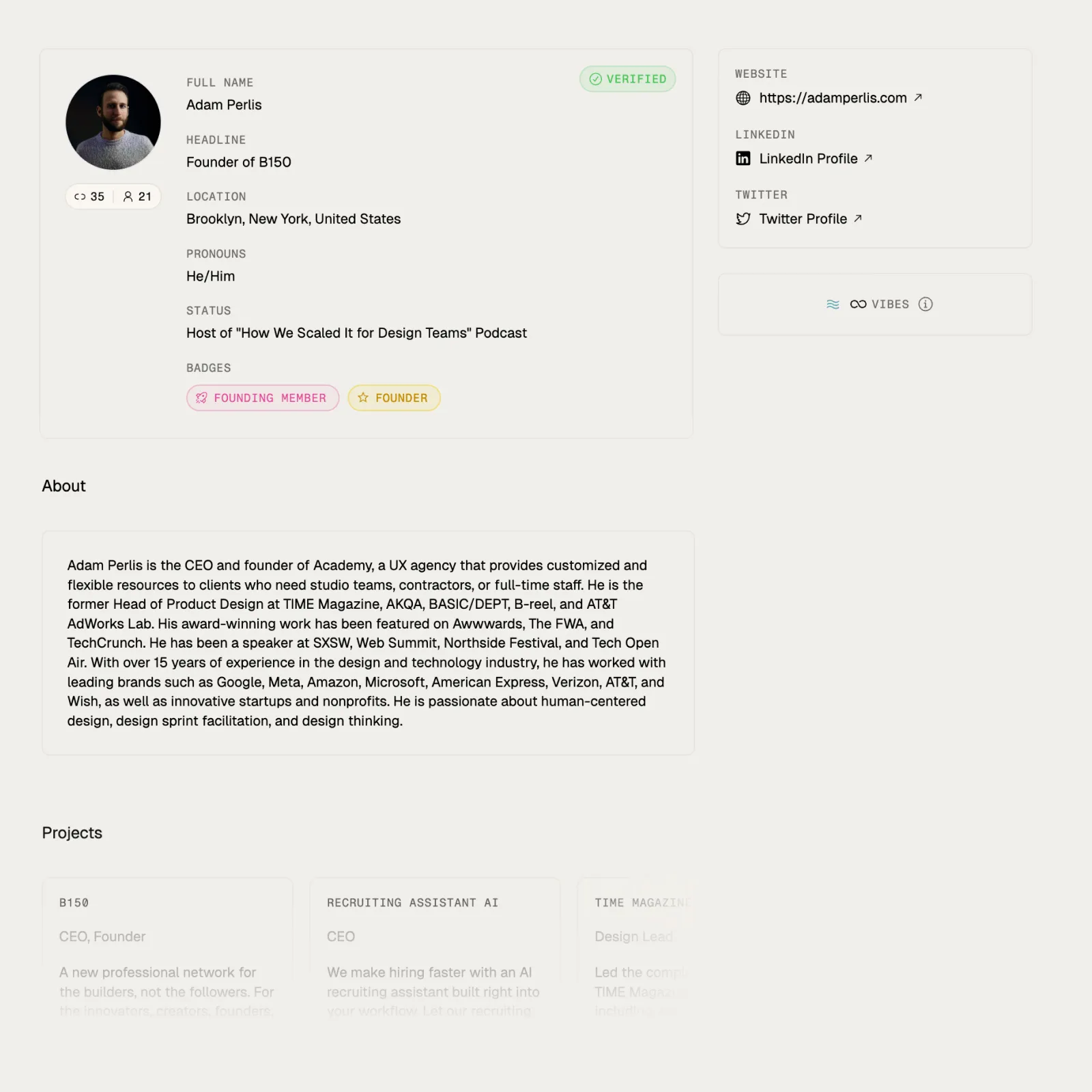 Profile card for Adam Perlis, Founder of B150, located in Brooklyn, New York, USA, with pronouns He/Him and verified status. Website and social media links to his personal site, LinkedIn, and Twitter are shown. Adam is host of 'How We Scaled It for Design Teams' podcast. About section describes him as CEO and founder of Academy, a UX agency, with 15+ years’ experience working with major brands including Google, Meta, Amazon, Microsoft, and others, featured on Awwwards and TechCrunch, and a speaker at SXSW and Web Summit.
