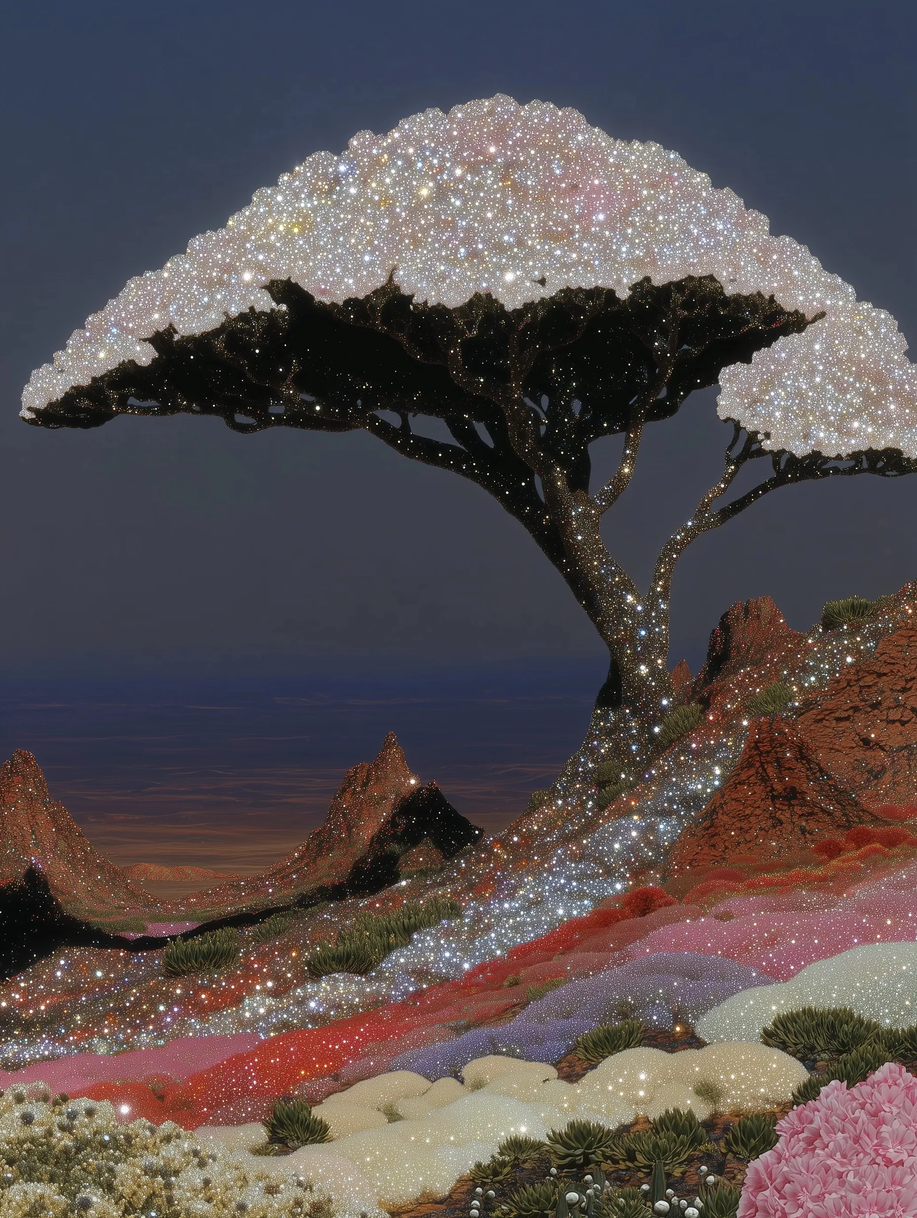 A large tree with a wide canopy shines with countless tiny bright stars or sparkles on its trunk and branches, stretching over a colorful, textured landscape of hills with green bushes, red, purple, and beige patches, all dotted with sparkling points under a dark, twilight sky.