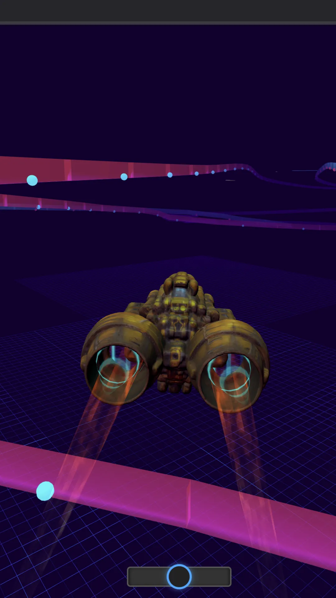Rear view of a futuristic yellow spaceship with two large engines emitting orange thrust, flying over a glowing purple grid surface with a twisting neon track and blue spheres in a dark space environment.